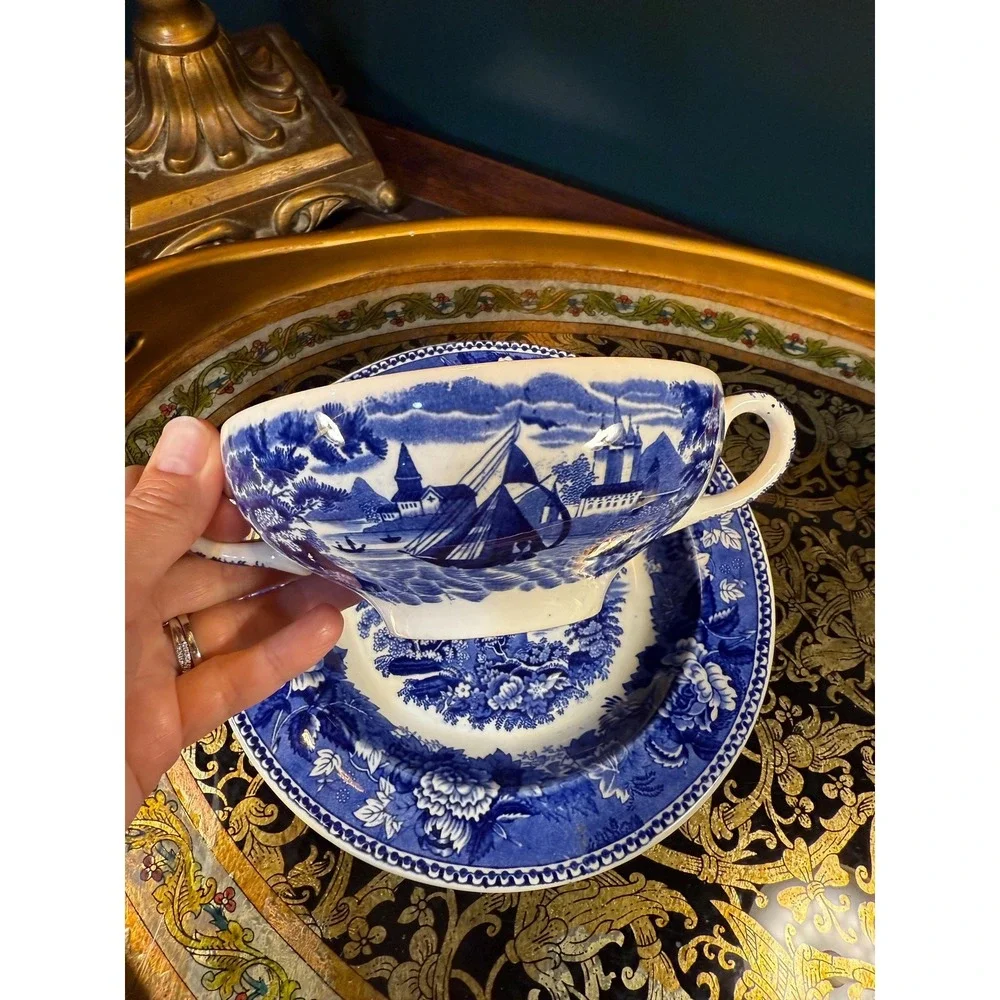 Wedgwood Landscape of Etruria Blue Transferware Saucer & Double-Handled Bowl‎